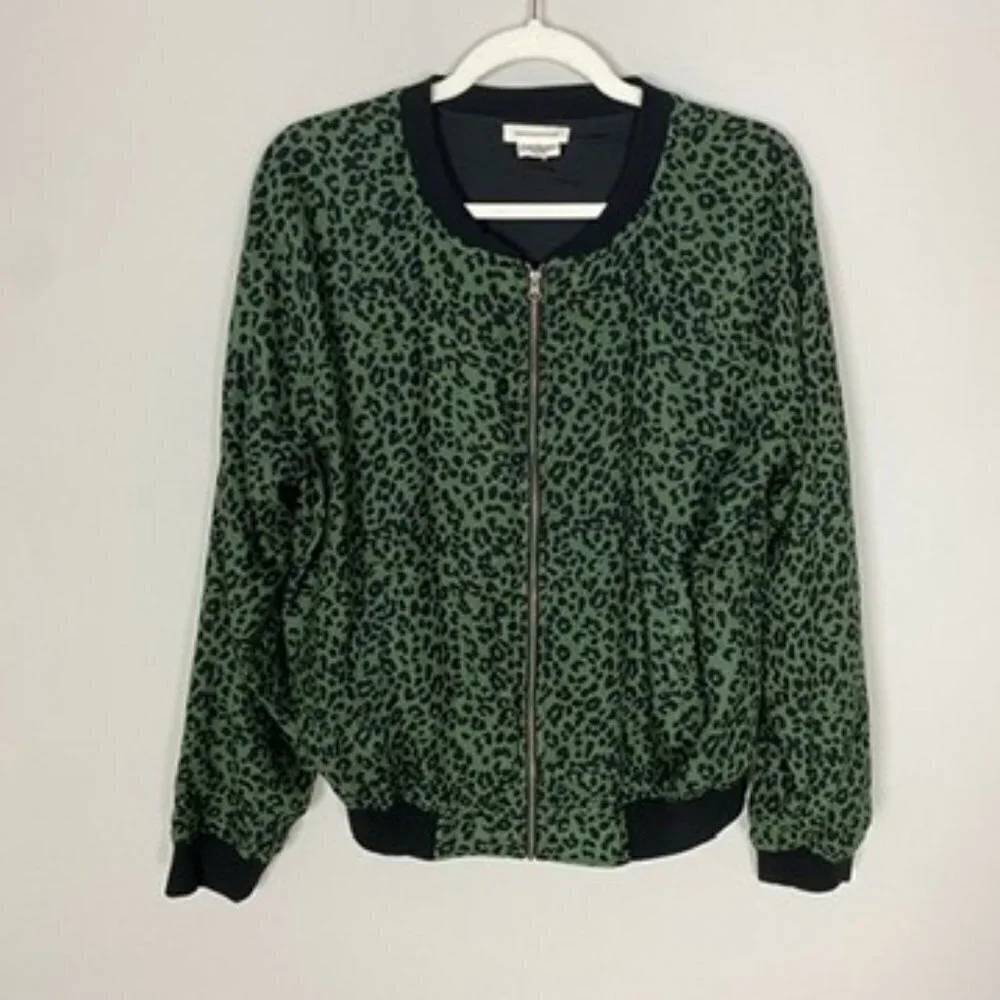 Beachlunchlounge Leopard Dasha Full Zip Bomber Jacket Green Womens M - Picture 2 of 5